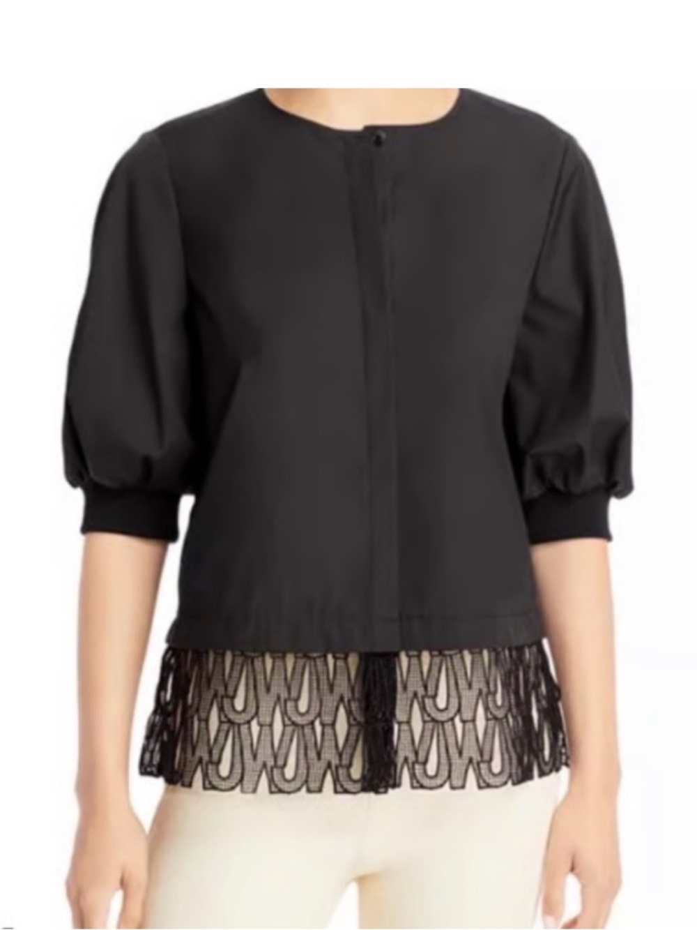 Jason Wu Black Women's Puff-Sleeve Top with monogram lace  Hem XS